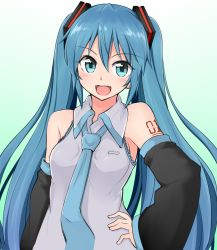 Rule 34 | 1girl, aqua eyes, aqua hair, detached sleeves, gradient background, gradient hair, green background, hand on own hip, hatsune miku, highres, kazenoko, long hair, multicolored hair, necktie, open mouth, solo, twintails, upper body, very long hair, vocaloid