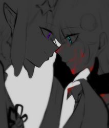 Rule 34 | 2girls, absurdres, black gloves, blood, blood on face, blue eyes, commentary, daiishori, from side, gloves, hair ornament, hands on another&#039;s face, highres, hololive, hololive english, monochrome, multiple girls, ninomae ina&#039;nis, noses touching, pointy ears, purple eyes, smile, spot color, symbol-only commentary, virtual youtuber, watson amelia, yuri