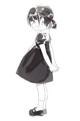 Rule 34 | 1girl, arms behind back, child, dress, full body, greyscale, highres, interlocked fingers, mary janes, monochrome, original, own hands together, puffy short sleeves, puffy sleeves, shoes, short dress, short hair, short sleeves, short twintails, simple background, socks, solo, spot color, standing, take no (xtc65 0), twintails, white background