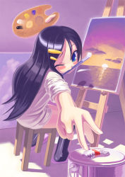 Rule 34 | 1girl, art brush, bird, black hair, blonde hair, blue eyes, coat, easel, foreshortening, hair ornament, hairclip, long hair, mouth hold, oekaki musume, one eye closed, outstretched arm, outstretched hand, paint, paintbrush, palette (object), reaching, sitting, sky, sleeves rolled up, slippers, socks, solo, soraneko+, sunset, water, white coat, wink