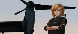 Rule 34 | 1girl, absurdres, aircraft, black gloves, blonde hair, blue eyes, closed mouth, crossed arms, day, elbow pads, gloves, grey shirt, helicopter, highres, looking at viewer, ndtwofives, original, outdoors, parted bangs, shirt, short sleeves, solo, upper body
