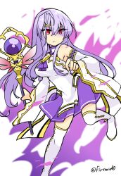 Rule 34 | 1girl, alternate costume, bare shoulders, breasts, circlet, corruption, dark persona, fire emblem, fire emblem: genealogy of the holy war, holding, holding staff, julia (fire emblem), leg up, long hair, medium breasts, mind control, nintendo, purple hair, red eyes, simple background, solo, staff, wide sleeves, yukia (firstaid0)