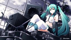 Rule 34 | 1girl, arm at side, artist name, bare shoulders, bird, black gloves, blue eyes, boots, closed mouth, cloud, elbow gloves, full body, gloves, hatsune miku, hatsune miku (vocaloid4), headgear, holding, knee boots, long hair, microphone, microphone stand, midriff, morning, navel, silver sky, sitting, sleeveless, smile, solo, speaker, stomach, suitcase, thighhighs, torigoe takumi, twintails, v4x, very long hair, vest, vocaloid, white footwear, white thighhighs, white vest, zettai ryouiki, zipper