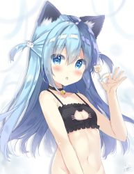 Rule 34 | 1girl, animal ear fluff, animal ears, animal hood, bad id, bad pixiv id, bare arms, bare shoulders, black bra, blue eyes, blue hair, blue nails, blush, bra, breasts, candy, cat cutout, cat ears, cat hood, cat lingerie, cleavage, cleavage cutout, clothing cutout, collarbone, commentary request, fingernails, food, frilled bra, frills, groin, hair between eyes, holding, holding candy, holding food, holding lollipop, hood, lingerie, lollipop, long hair, meme attire, nail polish, navel, original, parted lips, saeki sora, small breasts, solo, tongue, tongue out, two side up, underwear, upper body, very long hair