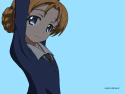 Rule 34 | 1girl, arms up, artist name, black necktie, blue background, blue eyes, blue sweater, braid, closed mouth, commentary, dated, dress shirt, from side, girls und panzer, long sleeves, looking at viewer, naotosi, necktie, orange hair, orange pekoe (girls und panzer), parted bangs, school uniform, shirt, short hair, simple background, smile, solo, st. gloriana&#039;s school uniform, sweater, v-neck, white shirt, wing collar
