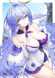 Rule 34 | 1girl, aqua eyes, bare shoulders, blue hair, blue sky, border, breasts, cleavage, commentary, cowboy shot, day, dress, feather boa, gloves, head wings, highres, honkai: star rail, honkai (series), large breasts, long hair, looking at viewer, outdoors, outside border, pom pom (clothes), robin (honkai: star rail), sky, smile, solo, standing, strapless, strapless dress, thighs, very long hair, white border, white dress, white gloves, wings, xfate