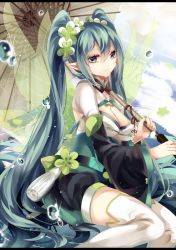 Rule 34 | 1girl, aqua eyes, aqua hair, bad id, bad pixiv id, breasts, cleavage, hatsune miku, letterboxed, long hair, looking at viewer, oil-paper umbrella, pointy ears, shouen kigashi, sitting, solo, thighhighs, twintails, umbrella, very long hair, vocaloid