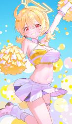 Rule 34 | 1girl, ahoge, aqua background, arm up, armpits, bare arms, bare shoulders, blonde hair, blue archive, braid, breasts, cheerleader, cleavage, covered erect nipples, crop top, fymrie, gloves, gradient background, grin, halo, halterneck, highres, holding, holding pom poms, knee up, kotori (blue archive), kotori (cheer squad) (blue archive), long hair, looking at viewer, medium breasts, midriff, millennium cheerleader outfit (blue archive), miniskirt, navel, official alternate costume, pleated skirt, pom pom (cheerleading), pom poms, red eyes, shirt, shoes, short twintails, skindentation, skirt, sleeveless, sleeveless shirt, smile, socks, solo, spaghetti strap, stomach, thigh strap, thighs, twintails, v-shaped eyebrows, white gloves, white shirt, white skirt, white socks, wing collar