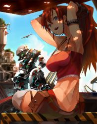 Rule 34 | 10s, 1girl, arm strap, armpits, arms up, bellows (suisei no gargantia), belt, bird, blue eyes, breasts, building, butt crack, chamber (suisei no gargantia), day, hazard stripes, large breasts, long hair, mecha, open mouth, ponytail, pouch, red hair, robot, short shorts, shorts, sitting, sky, smile, solo, suisei no gargantia, tef, thighhighs, white thighhighs