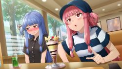 Rule 34 | 2girls, alternate costume, baseball cap, black shirt, blue hair, blue headwear, blush, buttons, cellphone, cherry, closed mouth, collared shirt, dress shirt, drink, drinking straw, food, fruit, furrowed brow, glass, hair tie, hat, highres, ice, ice cube, indoors, kotonoha akane, kotonoha aoi, kurione (zassou), long hair, multiple girls, nose blush, one side up, open mouth, parfait, phone, pink hair, pocky, red eyes, restaurant, shirt, short sleeves, siblings, sisters, smartphone, straight hair, striped clothes, striped shirt, table, tree, voiceroid, wavy mouth, window