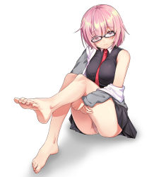 Rule 34 | 1girl, ass, bad id, bad pixiv id, bare legs, barefoot, black dress, blush, bottomless, breasts, commentary request, dress, fate/grand order, fate (series), glasses, grey jacket, highres, jacket, jiaoshoutongxue, large breasts, legs, light purple hair, looking at viewer, mash kyrielight, necktie, no pants, off-shoulder jacket, off shoulder, panties, pink hair, red necktie, simple background, sitting, solo, underwear, white background, white panties