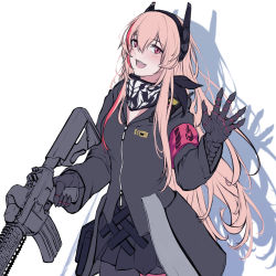 Rule 34 | 1girl, 3 small spiders, black gloves, black jacket, black scarf, black skirt, blush, feet out of frame, girls&#039; frontline, gloves, gun, hand up, headphones, highres, holding, holding gun, holding weapon, jacket, long hair, looking at viewer, m4 sopmod ii, m4 sopmod ii (girls&#039; frontline), multicolored hair, open mouth, pink eyes, pink hair, scarf, shadow, skirt, smile, solo, standing, walkie-talkie, weapon, white background