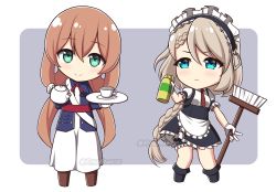 Rule 34 | 2girls, :&lt;, apron, black footwear, black skirt, blue eyes, blue jacket, blush, boots, braid, breasts, broom, brown footwear, brown hair, chibi, closed mouth, commission, cup, dress, frilled apron, frilled skirt, frills, g36 (girls&#039; frontline), girls&#039; frontline, gloves, green eyes, grey background, hair between eyes, holding, holding broom, holding plate, holding teapot, jacket, long hair, long sleeves, low twintails, maid, maid headdress, multiple girls, open clothes, open jacket, plate, puffy short sleeves, puffy sleeves, rynzfrancis, shirt, short sleeves, skirt, small breasts, smile, spray can, springfield (girls&#039; frontline), teacup, teapot, twintails, twitter username, two-tone background, very long hair, waist apron, watermark, white apron, white background, white dress, white gloves, white shirt