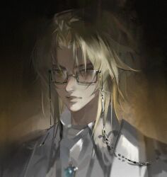 Rule 34 | 1boy, abstract background, blonde hair, blue gemstone, brown eyes, chinese commentary, commentary request, dark, gem, glasses, highres, huixingweiqi, jacket, lips, lord of the mysteries, medium hair, parted lips, shaded face, shirt, solo, teeth, trunsoest (lord of the mysteries), white jacket, white shirt