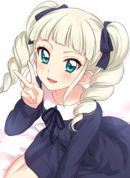 Rule 34 | 1girl, :d, aikatsu!, aikatsu! (series), blonde hair, blue dress, blue eyes, blue ribbon, blunt bangs, blush, collared dress, commentary request, dress, drill hair, fang, hair ribbon, hand up, highres, long sleeves, looking at viewer, neck ribbon, open mouth, ribbon, sekina, simple background, smile, solo, todo yurika, twin drills, v, white background