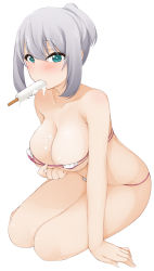 Rule 34 | 1girl, aqua eyes, arm support, bikini, blush, breasts, cleavage, closed mouth, food, food in mouth, food on body, food on breasts, full body, hinata masaki, ice cream, large breasts, looking at viewer, medium hair, micro bikini, popsicle, short ponytail, silver hair, simple background, solo, swimsuit, tejina senpai, tejina senpai (series), white background