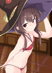 Rule 34 | 1girl, :o, absurdres, bare arms, bare shoulders, bikini, blush, breasts, brown hat, commentary request, cowboy shot, from side, hat, highres, indoors, kono subarashii sekai ni shukufuku wo!, leaning forward, looking at viewer, megumin, navel, numahata tofu., red bikini, red eyes, small breasts, solo, standing, swimsuit, tile floor, tiles, witch hat