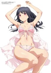 1girl arifureta_shokugyou_de_sekai_saikyou armpits arms_up black_hair blush bra closed_mouth embarrassed female_focus highres lingerie looking_at_viewer lying megami_magazine navel panties pink_bra pink_panties red_eyes simple_background underwear white_background yaegashi_shizuku