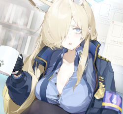 Rule 34 | 1girl, animal ear fluff, armband, black gloves, blonde hair, blue archive, blue armband, blue eyes, blue jacket, blue necktie, blue shirt, book, bookshelf, breasts, cleavage, coffee mug, collared shirt, commentary request, cup, dress shirt, extra ears, fangs, gloves, hair over one eye, halo, highres, holding, holding cup, jacket, kanna (blue archive), large breasts, long hair, looking at viewer, mug, necktie, open mouth, paper, partially unbuttoned, police, police badge, police uniform, policewoman, sharp teeth, shirt, smoke, solo, teeth, uniform, very long hair, yanyo (ogino atsuki)