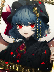 Rule 34 | 1girl, black dress, black hat, blue hair, bow, brooch, commentary, daimaou ruaeru, dress, frilled shirt collar, frills, grey background, hair between eyes, hat, hat bow, highres, holding, jewelry, looking at viewer, mob cap, nail polish, neck ribbon, parted lips, petals, picture frame, red bow, red eyes, red nails, red ribbon, remilia scarlet, ribbon, rose petals, short hair, solo, touhou, upper body