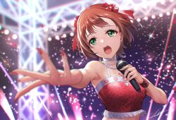 Rule 34 | 1girl, amami haruka, bare arms, blurry, blurry background, blurry foreground, brown hair, choker, collarbone, commission, crop top, floating hair, green eyes, hair ribbon, highres, holding, holding microphone, idolmaster, idolmaster (classic), jewelry, microphone, music, necklace, open mouth, outstretched arm, outstretched hand, red ribbon, ribbon, short hair, signature, singing, sion (9117), skeb commission, solo, sparkle, spotlight, stage, sweatdrop, upper body, white choker