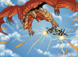 Rule 34 | aerial battle, aircraft, battle, beak, blue sky, cannon, claws, cloud, collaboration, darkereve, day, directed-energy weapon, electricity, energy, energy cannon, energy weapon, exhaust, fire, flying, garuda (godzilla), glowing, glowing eyes, godzilla: final wars, godzilla (series), godzilla vs. mechagodzilla (1993), horns, maser, maser cannon, military, no humans, no pupils, open mouth, pink eyes, pteranodon, pterosaur, ray fromme, rodan, sharp teeth, sky, talons, teeth, toho, projectile trail, weapon, wings, yellow electricity, yellow maser