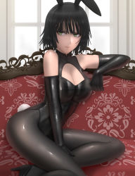 Rule 34 | 1girl, alternate costume, animal ears, arm up, bare shoulders, black footwear, black gloves, black hair, black hairband, black leotard, black pantyhose, blunt bangs, blush, breasts, cleavage, cleavage cutout, clothing cutout, collarbone, commentary request, couch, elbow gloves, expressionless, fake animal ears, fake tail, fubuki (one-punch man), gloves, hairband, high heels, highres, indoors, leotard, lips, looking at viewer, medium breasts, on couch, one-punch man, pantyhose, playboy bunny, rabbit ears, rabbit tail, shiny clothes, shoes, short hair, siraha, sitting, solo, sweat, tail, thighs, window, yokozuwari