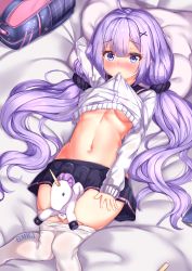 Rule 34 | 1girl, absurdres, arm up, artist name, azur lane, bag, bed sheet, between legs, black sailor collar, black scrunchie, black skirt, blush, bow, bow panties, breasts, cardigan, cardigan lift, closed mouth, clothes pull, commentary request, feet out of frame, fingernails, gmkj, groin, hair between eyes, hair ornament, hair scrunchie, highres, knees together feet apart, long hair, long sleeves, looking at viewer, lying, mouth hold, navel, on back, panties, panty pull, pantyhose, pantyhose pull, patreon username, pillow, pixiv id, pleated skirt, purple eyes, sailor collar, school uniform, scrunchie, serafuku, skirt, sleeves past wrists, small breasts, solo, stuffed animal, stuffed toy, stuffed winged unicorn, underboob, underwear, unicorn (long-awaited date) (azur lane), unicorn (azur lane), very long hair, white cardigan, white panties, white pantyhose, x hair ornament