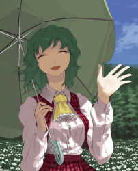 Rule 34 | 1girl, ascot, closed eyes, cloud, day, female focus, field, flower, flower field, green hair, kazami yuuka, open mouth, outstretched hand, parasol, pinky out, plaid, plaid skirt, plaid vest, short hair, skirt, skirt set, sky, smile, solo, sun-3, touhou, tree, umbrella, vest, waving