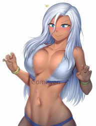 Rule 34 | 1girl, bangle, blue eyes, blush, bracelet, breasts, bursting breasts, character request, cleavage, closed mouth, collarbone, commission, copyright request, dark-skinned female, dark skin, embarrassed, feet out of frame, grey hair, hair over shoulder, highres, jewelry, large breasts, long hair, navel, rev60, simple background, solo, wardrobe malfunction, white background, white hair