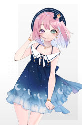 Rule 34 | 1girl, absurdres, bare shoulders, blue dress, blue hair, blush, bracelet, closed mouth, collarbone, cowboy shot, crescent, crescent necklace, dress, earrings, gradient hair, green eyes, hair ornament, hat, heterochromia, highres, himemori luna, himemori luna (sundress), hololive, jessie (jessicatko), jewelry, looking at viewer, medium hair, moon, moon (ornament), multicolored hair, necklace, off-shoulder dress, off shoulder, pink hair, purple eyes, simple background, skirt, smile, solo, standing, virtual youtuber