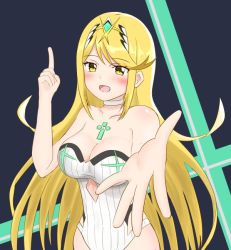 Rule 34 | 1girl, bad id, bad twitter id, bare shoulders, black background, blonde hair, blush, breasts, chest jewel, cleavage, cowboy shot, earrings, foreshortening, gem, green gemstone, hair ornament, headpiece, hip vent, jewelry, large breasts, long hair, looking at viewer, mythra (radiant beach) (xenoblade), mythra (xenoblade), nemunemu semi, nintendo, one-piece swimsuit, reaching, reaching towards viewer, simple background, smile, solo, standing, strapless, strapless one-piece swimsuit, swept bangs, swimsuit, tiara, very long hair, white one-piece swimsuit, xenoblade chronicles (series), xenoblade chronicles 2, yellow eyes