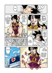 Rule 34 | 1boy, 1girl, angry, barefoot, bed, black hair, blue sky, chi-chi (dragon ball), cloud, comic, cross, dragon ball, dragonball z, hetero, hospital, hospital bed, husband and wife, indoors, lying, on back, red cross, reverse cowgirl position, sex, sex from behind, sky, son goku, speech bubble, spiked hair, spread legs, straddling, sweat, thought bubble