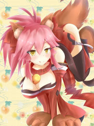 Rule 34 | 1girl, animal ears, bare shoulders, bell, blush, breasts, cleavage, collar, fang, fate/grand order, fate (series), female focus, fox ears, fox tail, hair ribbon, japanese clothes, large breasts, looking at viewer, neck bell, pink hair, ribbon, solo, tail, tamamo (fate), tamamo cat (fate), tamamo cat (first ascension) (fate), tamamo no mae (fate/extra), thighhighs, tongue, tongue out, v arms, yellow eyes