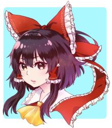 Rule 34 | 1girl, ascot, black hair, blue background, bow, brown eyes, cropped shoulders, frills, hair bow, hair tubes, hakurei reimu, looking at viewer, natsushiro, parted lips, portrait, short hair with long locks, simple background, solo, touhou, yellow ascot