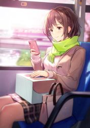 Rule 34 | 1girl, bag, beige jacket, blush, box, breasts, brown eyes, brown hair, cellphone, commentary request, green scarf, hair ornament, hairclip, haru (hiyori-kohal), holding, holding phone, jacket, long sleeves, medium breasts, original, phone, plaid, plaid skirt, scarf, short hair, sitting, skirt, smartphone, smile, solo, striped clothes, striped sweater, sweater