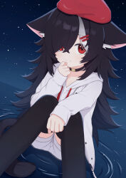Rule 34 | 1girl, animal ear fluff, animal ears, beret, black choker, black hair, black thighhighs, cat ears, cat girl, cat tail, choker, closed mouth, commentary request, commission, drawstring, feet out of frame, hair over one eye, hat, highres, hood, hood down, hoodie, knees up, long hair, long sleeves, looking at viewer, matanukinuki, multicolored hair, night, night sky, original, red eyes, red hat, short shorts, shorts, sitting, skeb commission, sky, sleeves past wrists, smile, solo, split mouth, star (sky), starry sky, streaked hair, tail, thighhighs, two-tone hair, white hair, white hoodie, white shorts