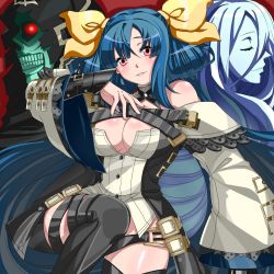 Rule 34 | 2girls, black gloves, blue hair, blush, breasts, cleavage, dizzy (guilty gear), gloves, guilty gear, guilty gear xrd, highres, large breasts, long hair, multiple girls, necro (guilty gear), red eyes, thighhighs, undine (guilty gear)