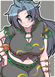 Rule 34 | 1girl, arm strap, back bow, blue eyes, blue hair, blush, bow, breasts, chain, cleavage, closed mouth, collared shirt, commentary request, emina, green shirt, green skirt, hand on own hip, happy, highres, himemushi momoyo, jewelry, large breasts, leaning forward, long hair, messy hair, midriff, navel, one-hour drawing challenge, orange bow, orange ribbon, plump, ribbon, ring, shirt, short sleeves, skirt, smile, stomach, touhou, very long hair