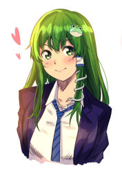Rule 34 | 1girl, :&gt;, absurdres, alternate costume, blush, collared shirt, cropped torso, frog hair ornament, green eyes, green hair, hair ornament, hair tubes, heart, highres, jacket, kochiya sanae, long hair, looking at viewer, necktie, sen (daydream 53), shirt, simple background, smile, snake hair ornament, solo, touhou, upper body, white background, white shirt