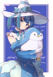 Rule 34 | 1girl, absurdres, blue bow, blue dress, blue eyes, blue hair, blue theme, bow, commentary request, detached sleeves, dress, gloves, hat, hat bow, head tilt, highres, isana615, kiritani haruka, project sekai, short hair, smile, solo, stuffed animal, stuffed penguin, stuffed toy, white gloves, white hat, witch hat
