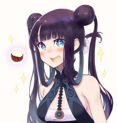 Rule 34 | 1girl, :d, bare shoulders, blue eyes, blush, breasts, double bun, drooling, fate/grand order, fate (series), flower, hair bun, hair flower, hair ornament, long hair, lychee, mogamicoji, open mouth, purple hair, simple background, smile, solo, twintails, white background, yang guifei (fate), yang guifei (first ascension) (fate)