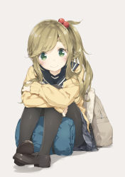 Rule 34 | 1girl, backpack, bag, black footwear, black pantyhose, blonde hair, blush, commentary request, fang, fang out, full body, green eyes, grey skirt, hair bobbles, hair ornament, highres, hugging own legs, inuyama aoi, kani biimu, knees up, lafers, loafers, long hair, long sleeves, looking at viewer, pantyhose, plaid, plaid skirt, school uniform, serafuku, shiny skin, shoes, side ponytail, sidelocks, sitting, skin fang, skirt, smile, solo, sweater, swept bangs, tareme, thick eyebrows, yellow sweater, yurucamp