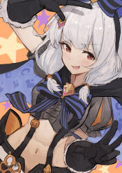 Rule 34 | 1girl, black gloves, gloves, granblue fantasy, highres, looking at viewer, midriff, navel, open mouth, punished pigeon, red eyes, suspenders, v, vikala (granblue fantasy), vikala (halloween) (granblue fantasy), white hair