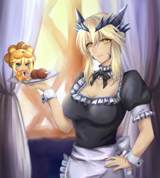 Rule 34 | absurdres, artoria pendragon (all), artoria pendragon (fate), artoria pendragon (lancer alter) (fate), bad id, bad pixiv id, blonde hair, braid, breasts, cleavage, collarbone, commentary request, cosplay, curtains, dress, fate/grand order, fate/stay night, fate (series), highres, horns, large breasts, long hair, looking at viewer, maid headdress, official alternate costume, saber alter, saber alter (cosplay), saber lion, shiki (chen321aa), yellow eyes