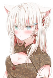 Rule 34 | animal ears, blue eyes, blush, breasts, cat ears, china dress, chinese clothes, cleavage, cleavage cutout, clothing cutout, dress, earrings, extra ears, fish hair ornament, hair ornament, highres, hiro (hirohiro31), jewelry, long hair, looking at viewer, medium breasts, original, short sleeves, solo, upper body, white background, white hair