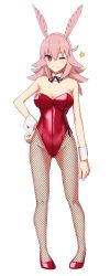 Rule 34 | 1girl, animal ears, bare shoulders, blush, breasts, bright pupils, cleavage, closed mouth, detached collar, elfenlied22, fake animal ears, fate/grand order, fate (series), fishnet pantyhose, fishnets, full body, hair between eyes, hand on own hip, head wings, high heels, highleg, highleg leotard, highres, hildr (fate), large breasts, leotard, long hair, looking at viewer, one eye closed, pantyhose, pink hair, playboy bunny, rabbit ears, red eyes, red footwear, red leotard, simple background, smile, solo, split mouth, standing, star (symbol), strapless, strapless leotard, valkyrie (fate), white background, wings, wrist cuffs