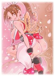 Rule 34 | 1girl, ass, breasts, cleavage, fatal fury, highres, large breasts, long hair, looking back, petals, shiranui mai, sitting, the king of fighters, thong, tree, yumecan2