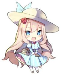 Rule 34 | 1girl, :d, ameshizuku natsuki, bag, blonde hair, blue dress, blue eyes, blush, breasts, chibi, dress, fate/grand order, fate (series), flower, full body, hair between eyes, hair flower, hair ornament, hat, juliet sleeves, long hair, long sleeves, lowres, marie antoinette (fate), medium breasts, open mouth, pantyhose, pleated dress, puffy sleeves, red flower, red rose, rose, shoulder bag, simple background, smile, solo, standing, striped clothes, striped dress, sun hat, vertical-striped clothes, vertical-striped dress, very long hair, white background, white hat, white pantyhose