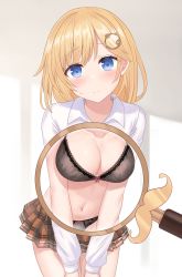Rule 34 | 1girl, absurdres, black panties, blonde hair, blue eyes, blush, bra, breasts, cleavage, closed mouth, hair ornament, hayasaka (a865675167774), highres, hololive, hololive english, looking at viewer, magnifying glass, medium breasts, navel, panties, solo, sweatdrop, underwear, virtual youtuber, watson amelia, x-ray